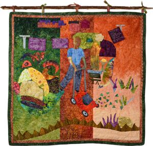 Backyard Story, Helen Butler, art quilt, 44 x 36 inches